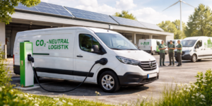 Elektro-Transportfahrzeug eines KEP-Dienstleisters wird an einer Ladesäule geladen – nachhaltige und CO₂-neutrale Zustelllogistik